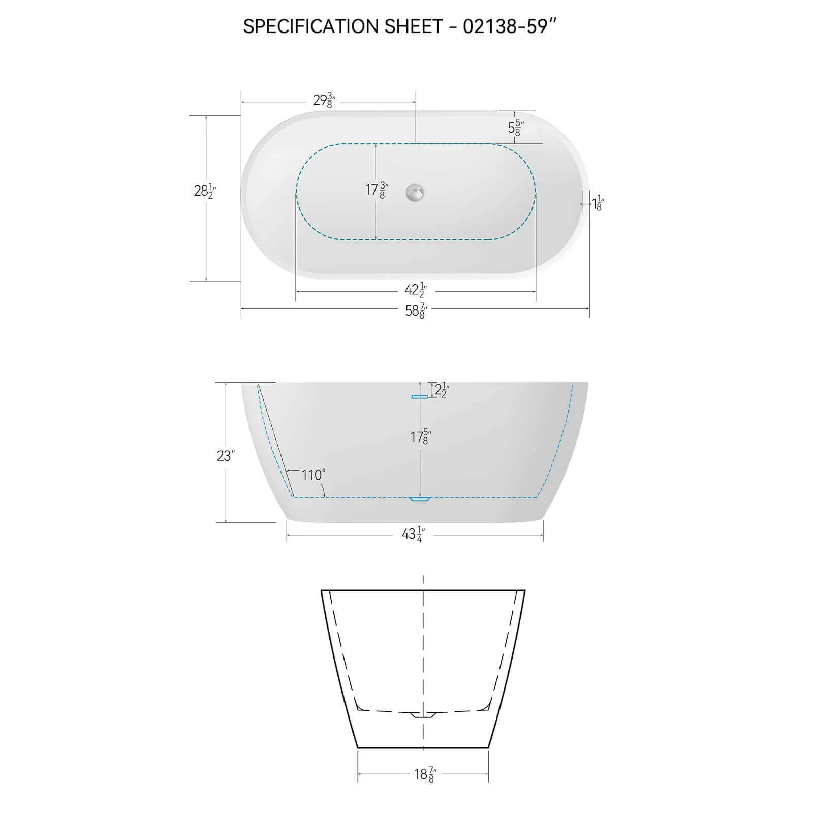 59" Small Size Acrylic Soaking Tub