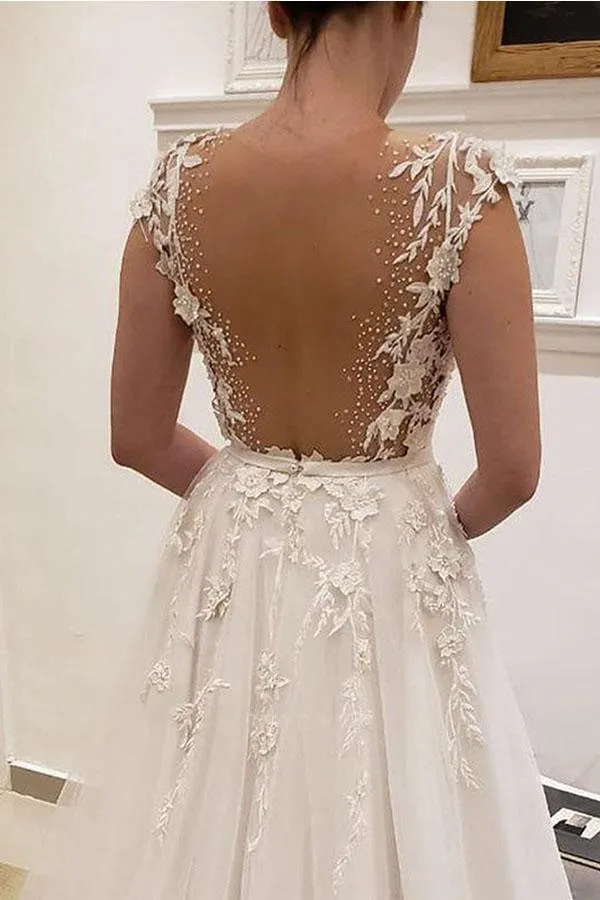 A Line V Neck Ivory Lace Fairy Long Wedding Dresses with Appliques  WD382