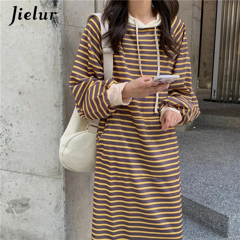 Black Striped Sweatshirt Women 2021 Casual Korean O-neck Pullovers Thick Autumn Winter Yellow Loose Long Hoodies Clothing