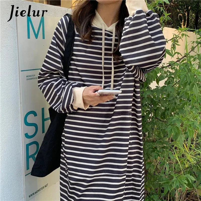 Black Striped Sweatshirt Women 2021 Casual Korean O-neck Pullovers Thick Autumn Winter Yellow Loose Long Hoodies Clothing