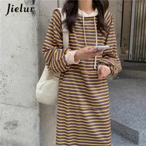 Black Striped Sweatshirt Women 2021 Casual Korean O-neck Pullovers Thick Autumn Winter Yellow Loose Long Hoodies Clothing