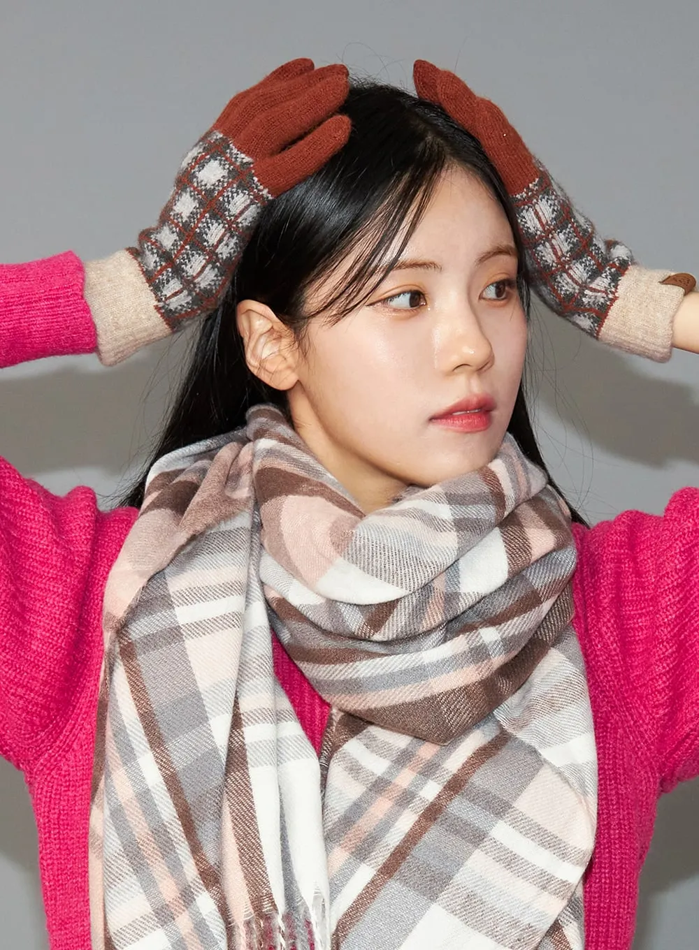 Color Block Plaid Knit Gloves IN317
