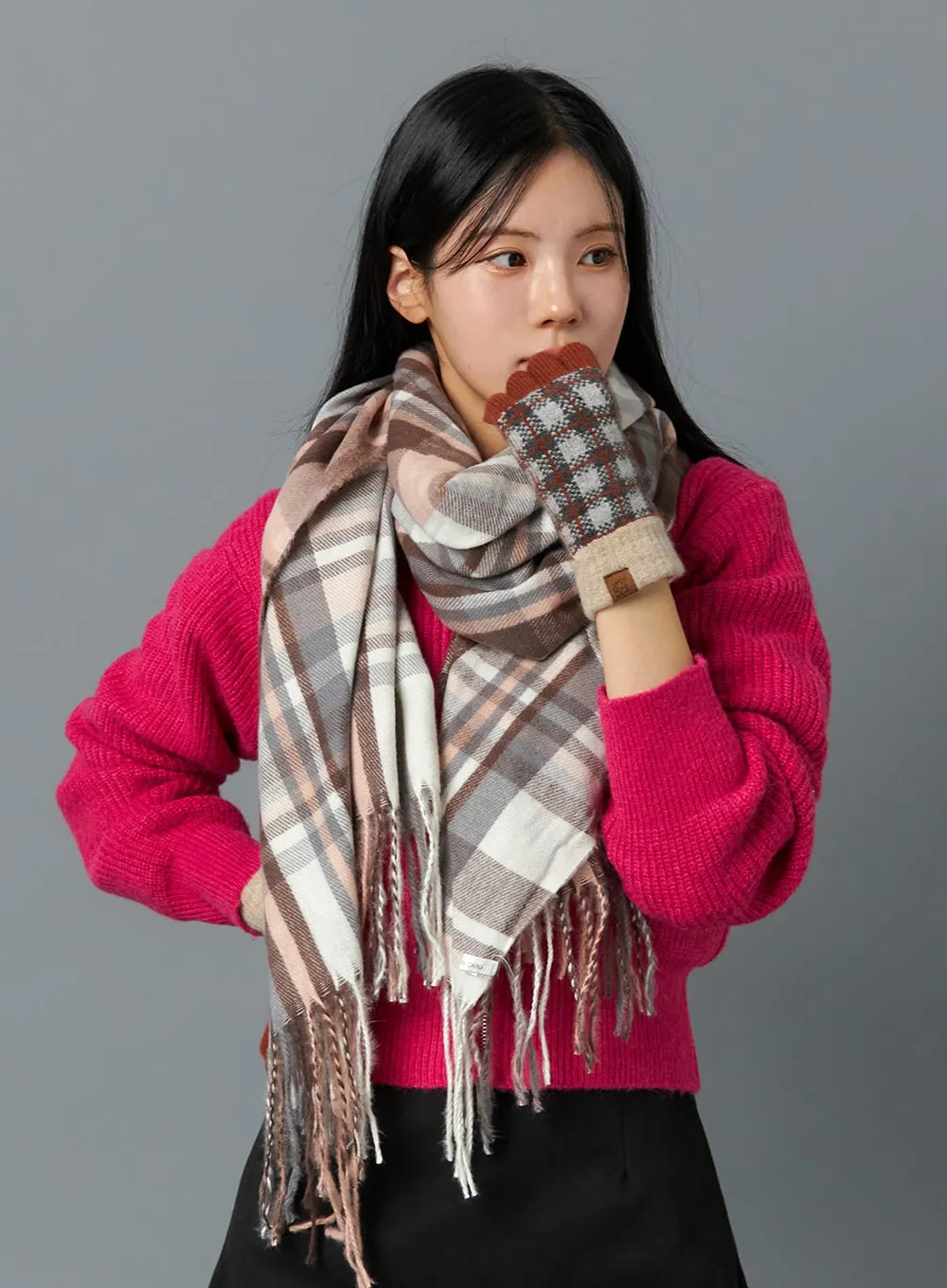 Color Block Plaid Knit Gloves IN317