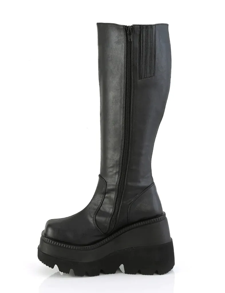 DEMONIA SHAKER 100 WIDE CALF PLATFORM BOOTS - BLACK VEGAN LEATHER