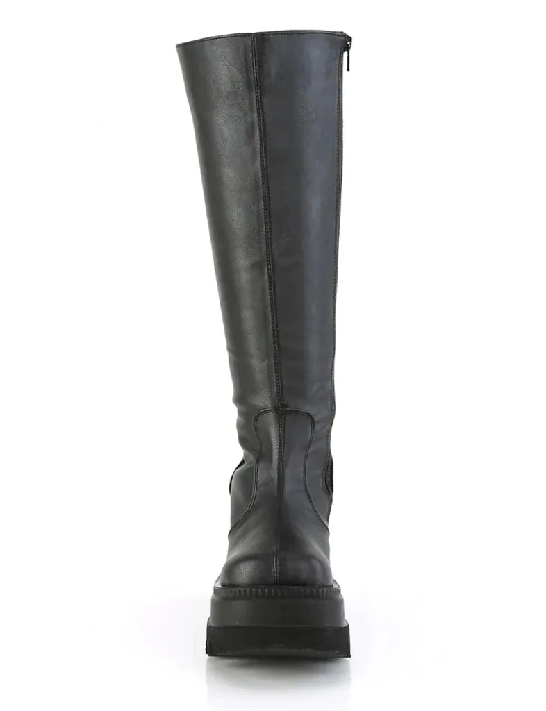 DEMONIA SHAKER 100 WIDE CALF PLATFORM BOOTS - BLACK VEGAN LEATHER