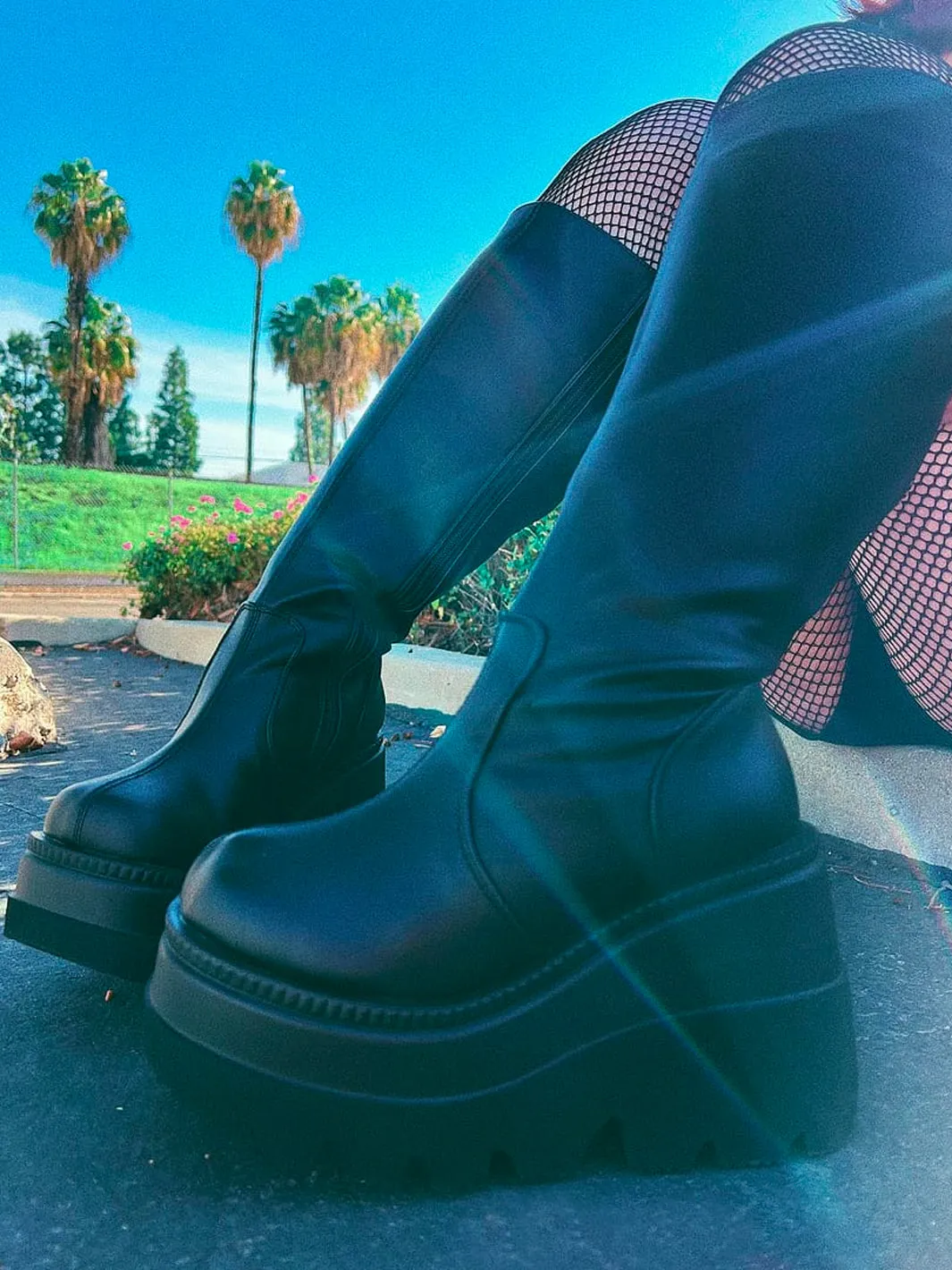 DEMONIA SHAKER 100 WIDE CALF PLATFORM BOOTS - BLACK VEGAN LEATHER
