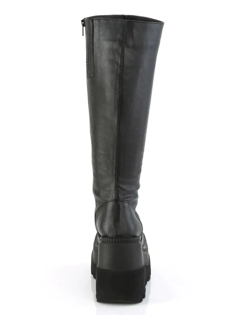 DEMONIA SHAKER 100 WIDE CALF PLATFORM BOOTS - BLACK VEGAN LEATHER
