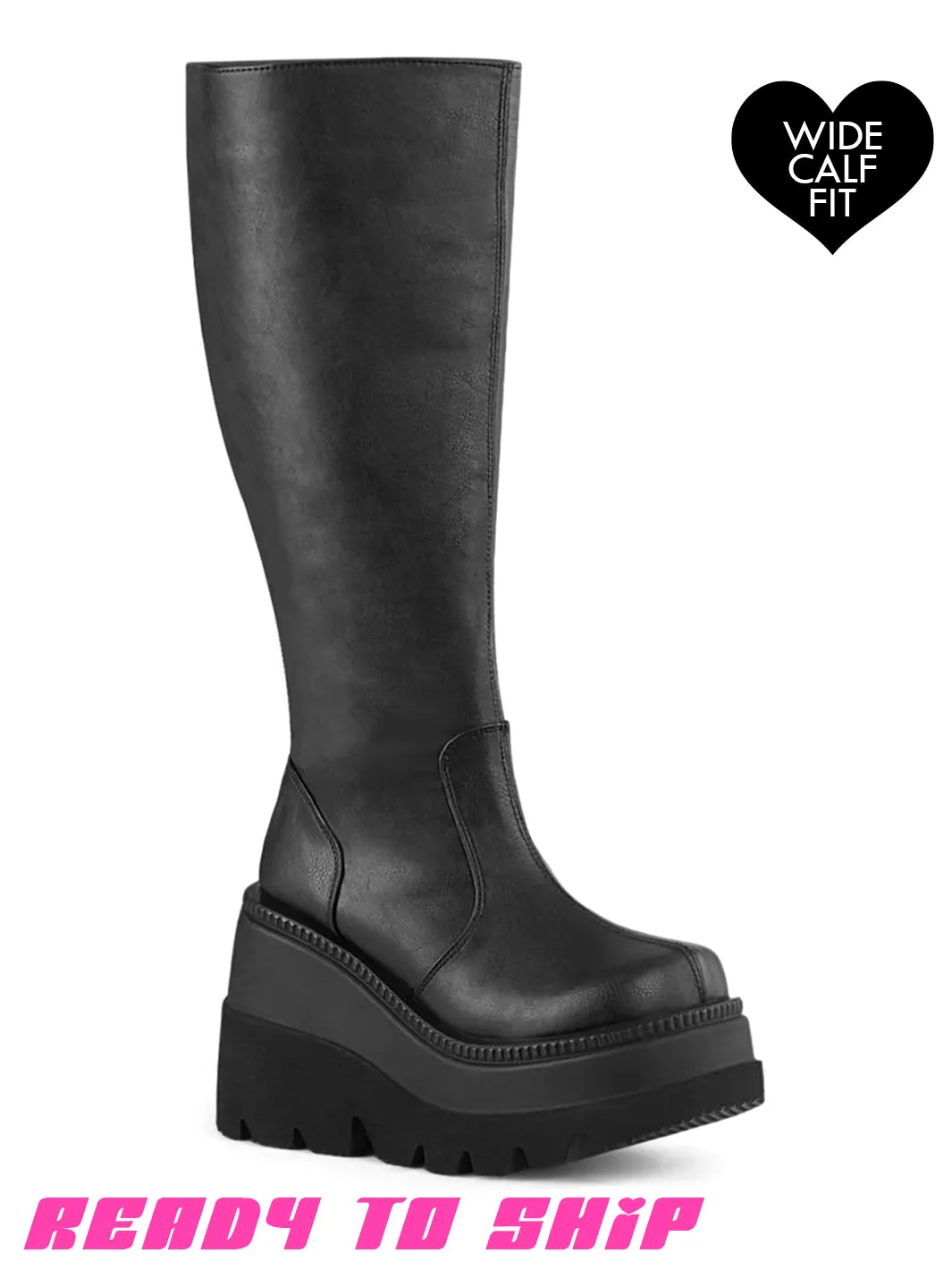 DEMONIA SHAKER 100 WIDE CALF PLATFORM BOOTS - BLACK VEGAN LEATHER