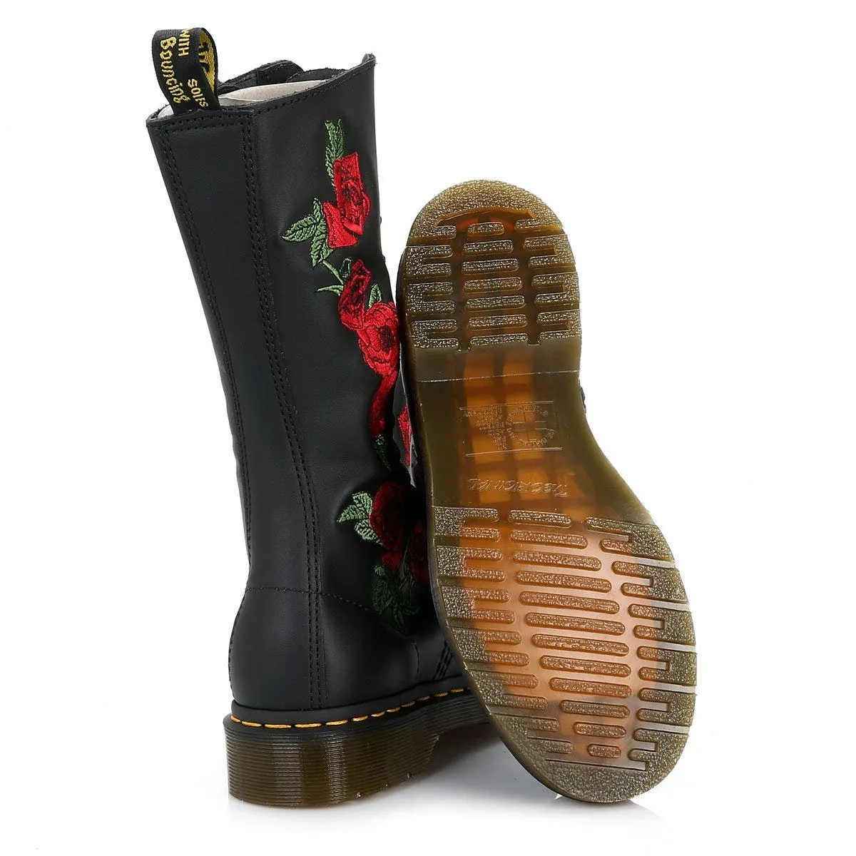 Dr. Martens Vonda Womens Black Leather Embroidered Rose Mid Calf Boots