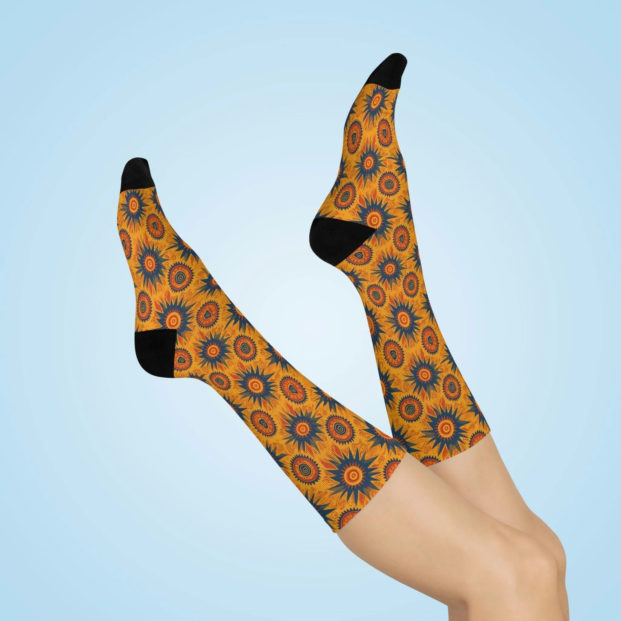 Folk Art Sun Design Cushioned Crew Socks