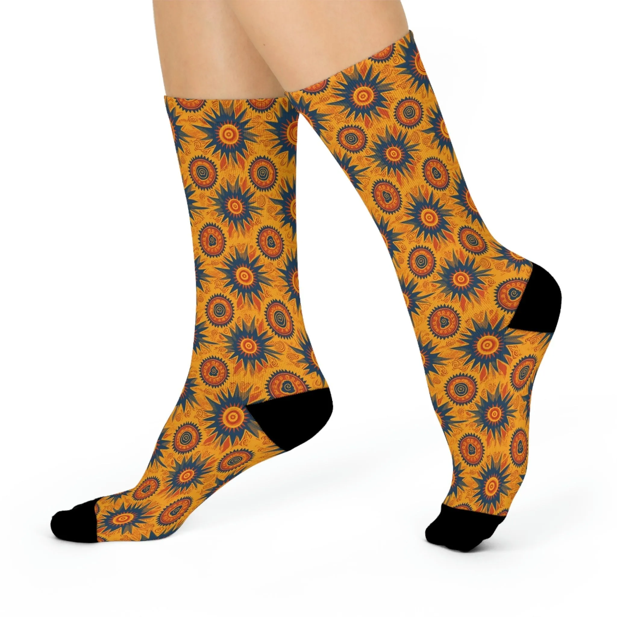 Folk Art Sun Design Cushioned Crew Socks