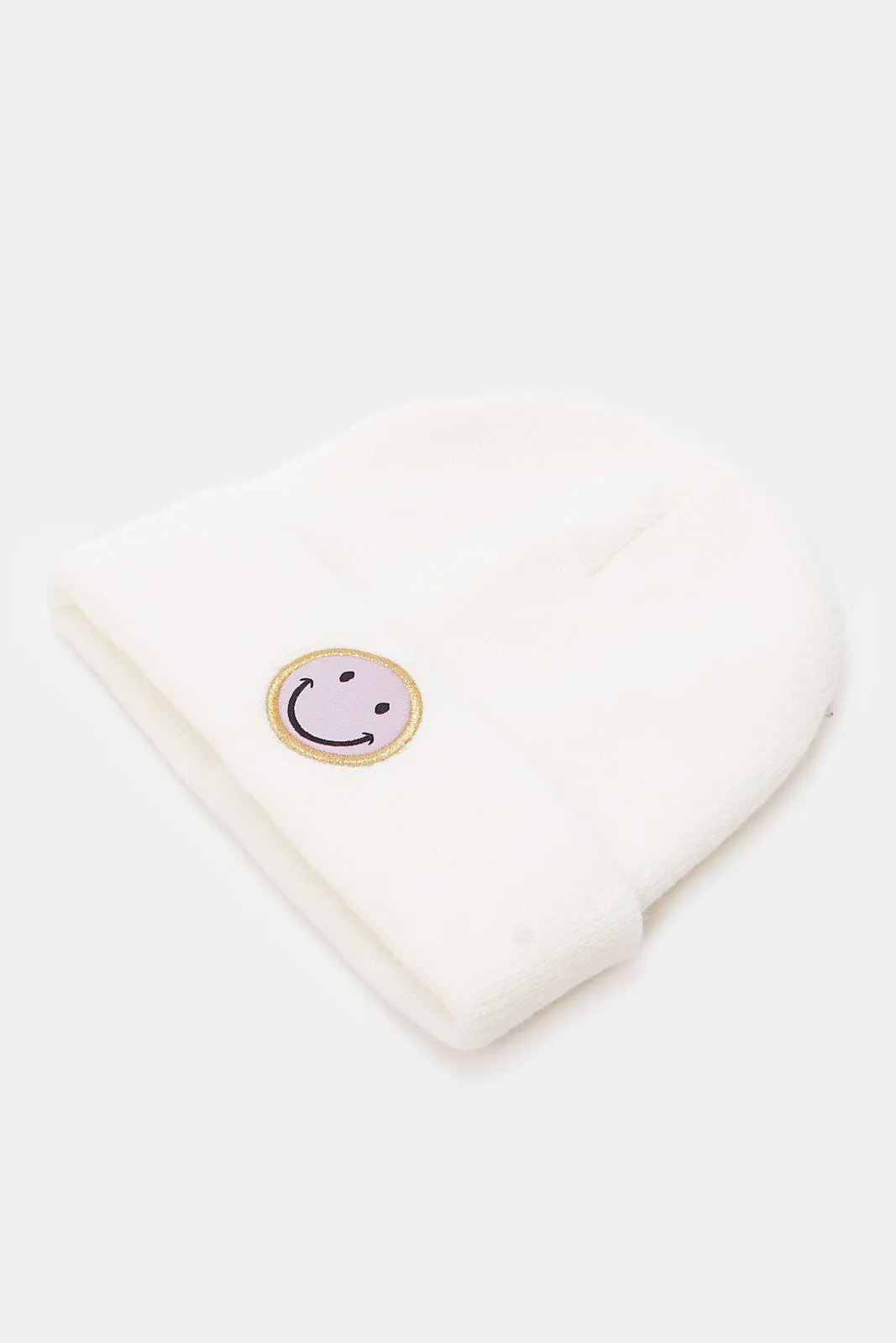 Girls White And Pink Printed Beanie Set (Pack of 3)