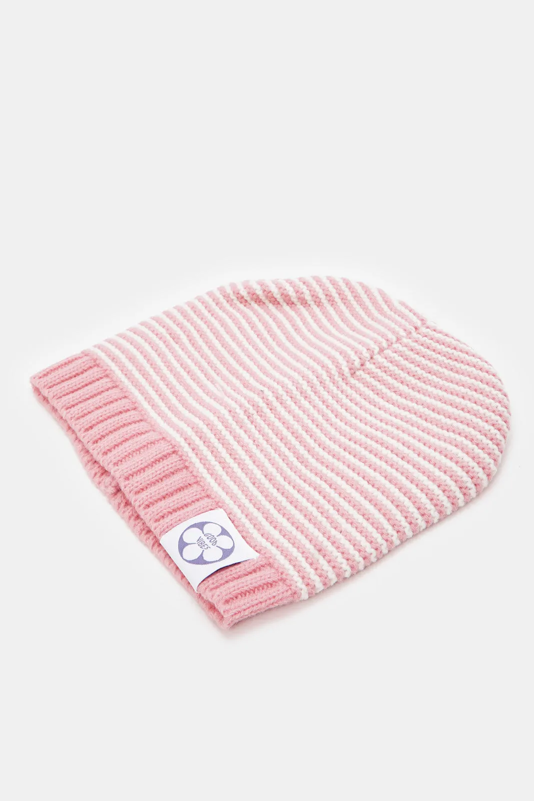 Girls White And Pink Printed Beanie Set (Pack of 3)