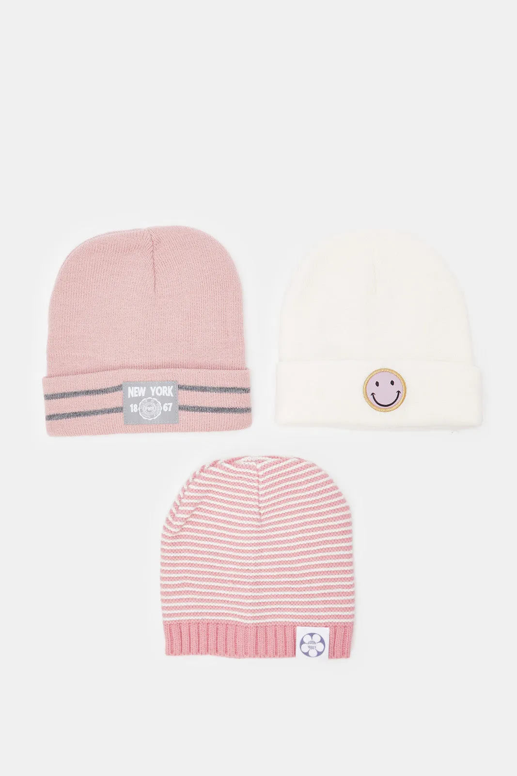 Girls White And Pink Printed Beanie Set (Pack of 3)
