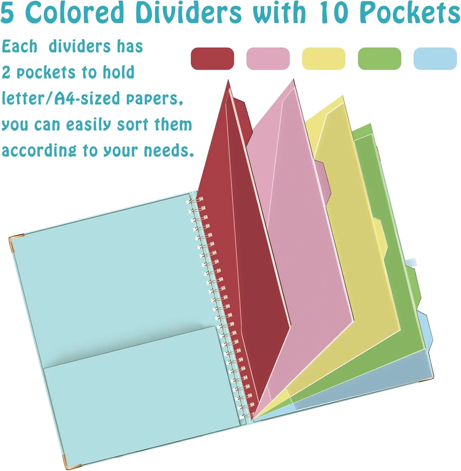HAUTOCO Clipboard Folio with Refillable Notepad for Letter Size (11" x 8.5"), 5 Dividers with 10 Pockets, Elastic Pen Holder and File Folder Labels, Spiral Nurse Clipboard Artboard(Blue)