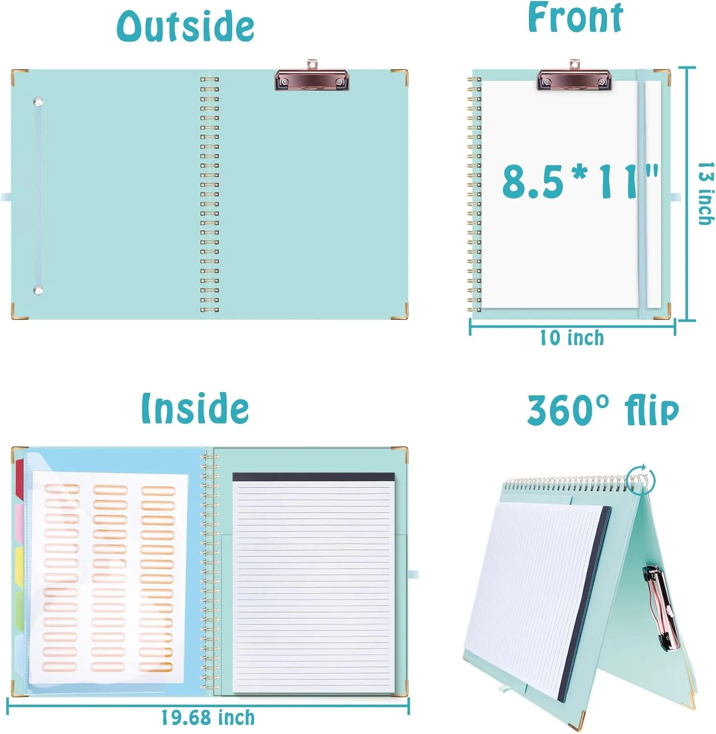 HAUTOCO Clipboard Folio with Refillable Notepad for Letter Size (11" x 8.5"), 5 Dividers with 10 Pockets, Elastic Pen Holder and File Folder Labels, Spiral Nurse Clipboard Artboard(Blue)