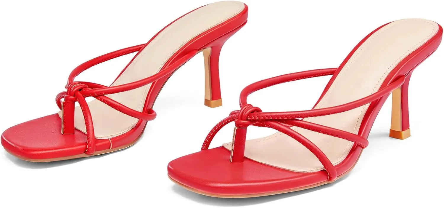 LAICIGO Women??s Square Open Toe Flip Flops Stiletto Heels Strappy Thong Slide on Slingback Mules Sandals
