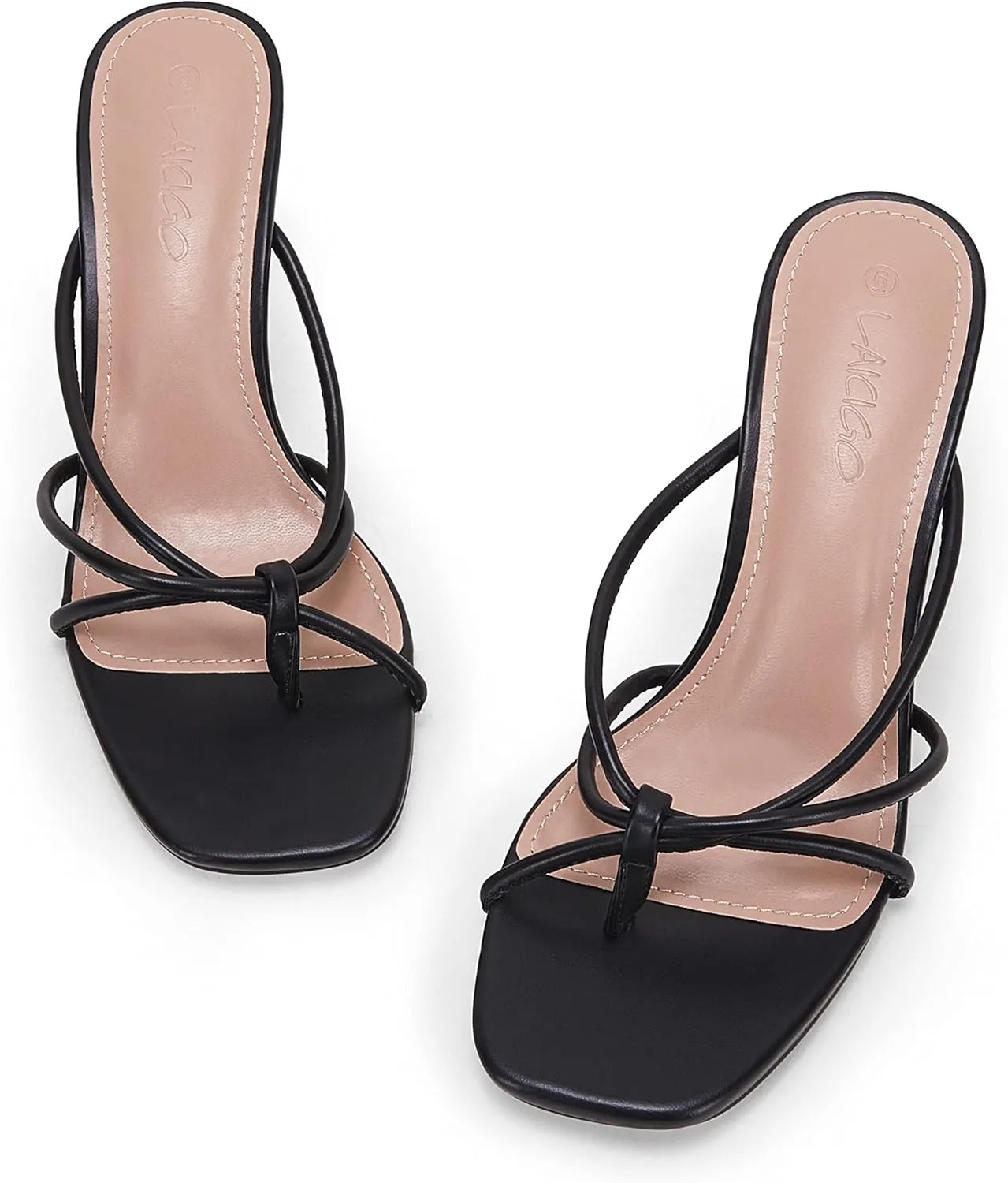 LAICIGO Women??s Square Open Toe Flip Flops Stiletto Heels Strappy Thong Slide on Slingback Mules Sandals