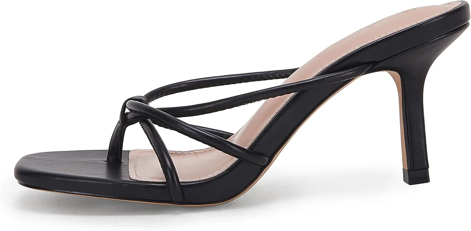 LAICIGO Women??s Square Open Toe Flip Flops Stiletto Heels Strappy Thong Slide on Slingback Mules Sandals