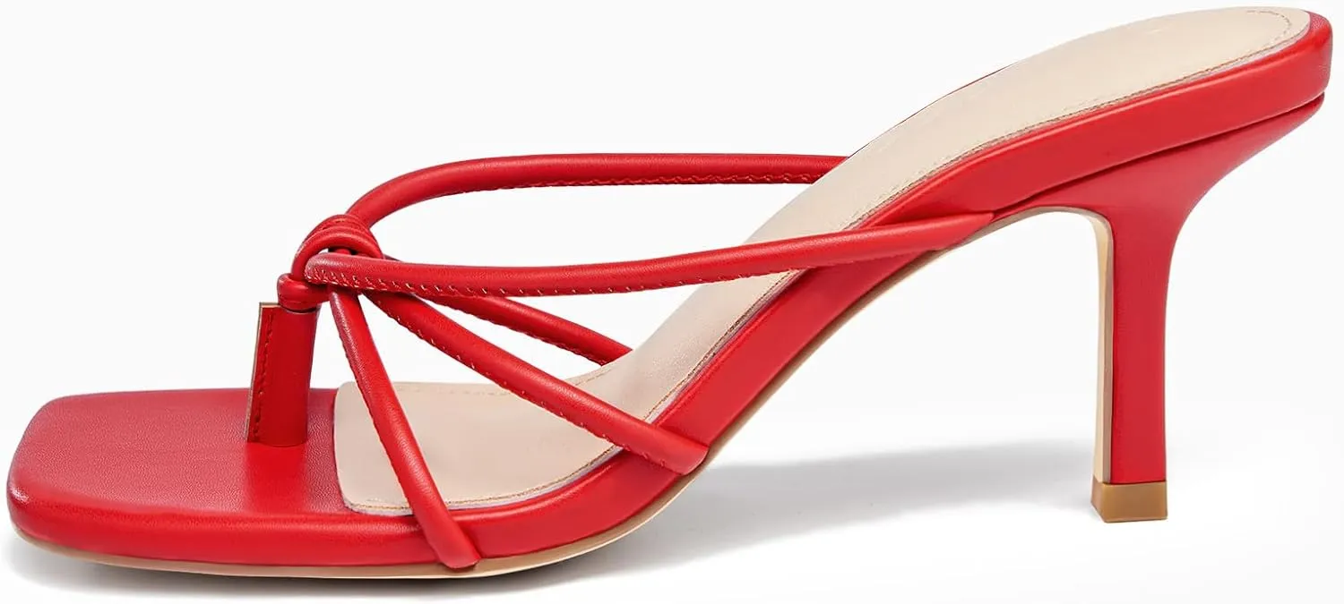 LAICIGO Women??s Square Open Toe Flip Flops Stiletto Heels Strappy Thong Slide on Slingback Mules Sandals