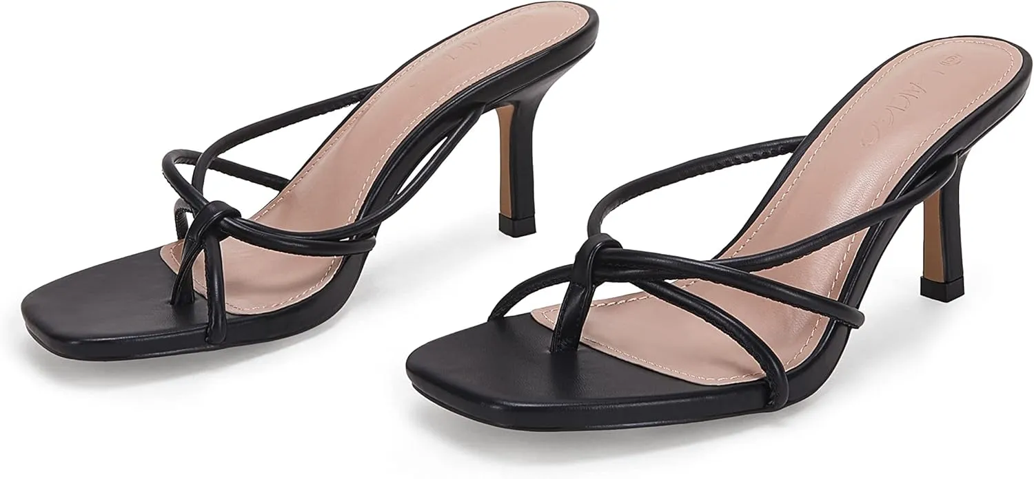 LAICIGO Women??s Square Open Toe Flip Flops Stiletto Heels Strappy Thong Slide on Slingback Mules Sandals