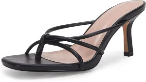 LAICIGO Women??s Square Open Toe Flip Flops Stiletto Heels Strappy Thong Slide on Slingback Mules Sandals