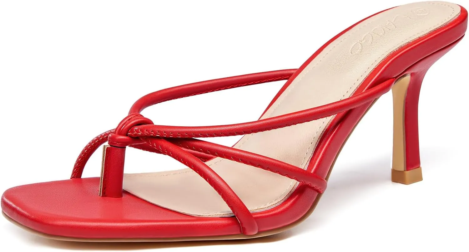 LAICIGO Women??s Square Open Toe Flip Flops Stiletto Heels Strappy Thong Slide on Slingback Mules Sandals