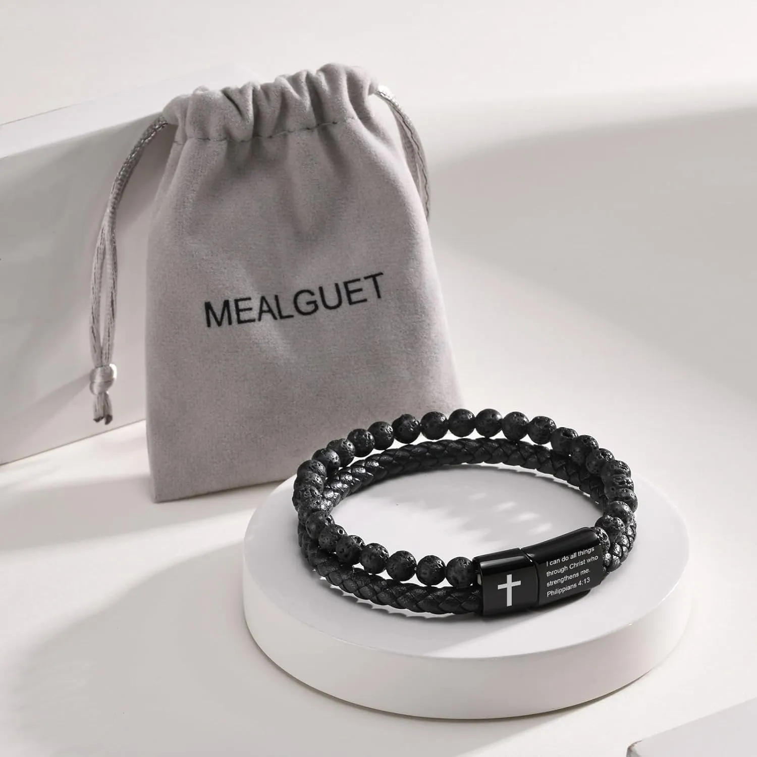MEALGUET Men's Inspirational Bible Verse Bracelets Lava Rock Bead Bracelet Healing Balancing Braided Leather Wristband with Magnetic Clasp