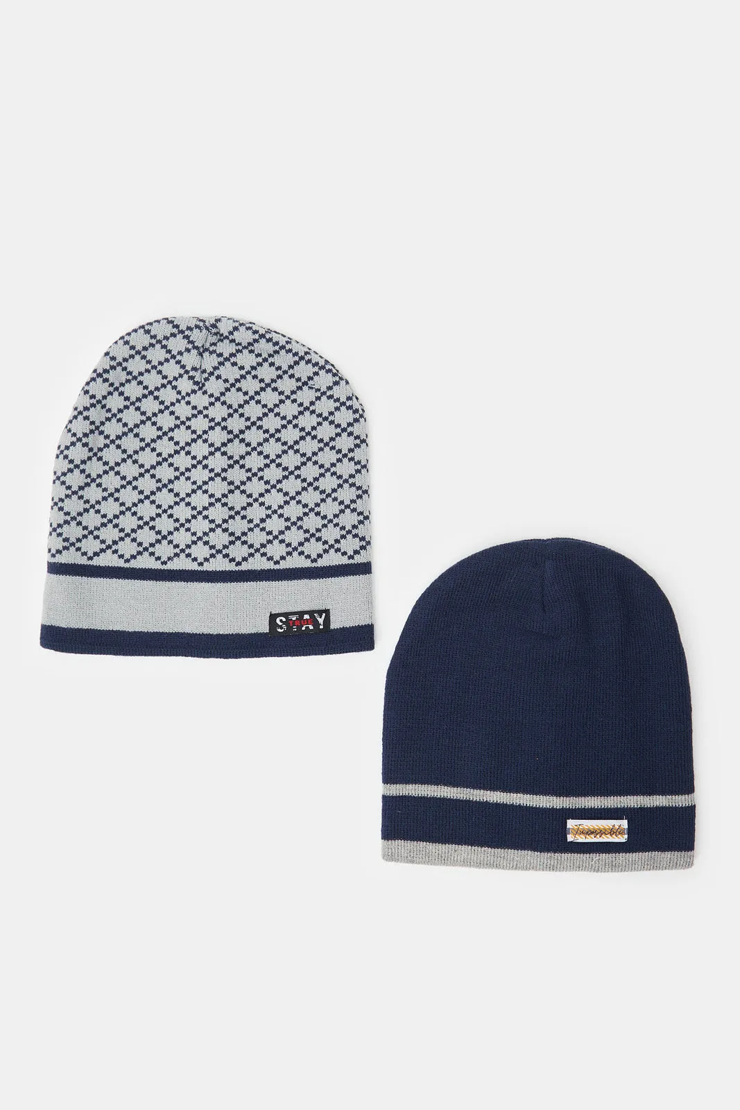 Men Grey And Navy Knitted Cap Set (Pack of 2)