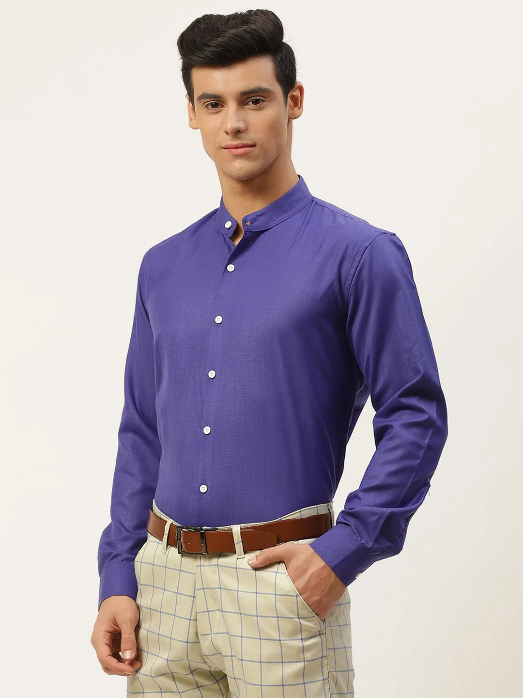Mens Cotton Linen Royal Blue Chinese Collar Shirt - Sojanya