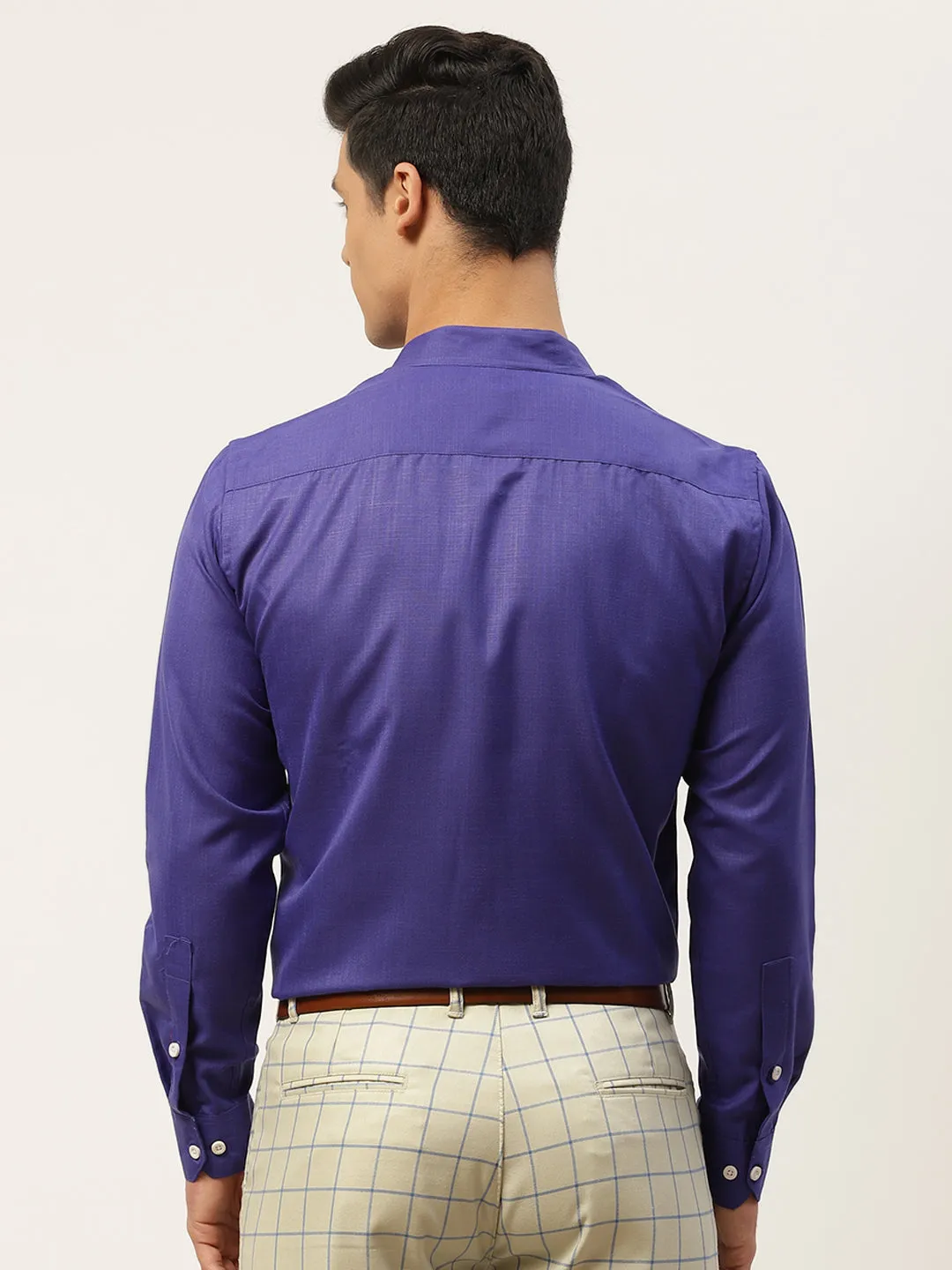 Mens Cotton Linen Royal Blue Chinese Collar Shirt - Sojanya