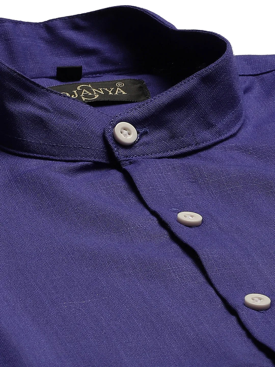 Mens Cotton Linen Royal Blue Chinese Collar Shirt - Sojanya