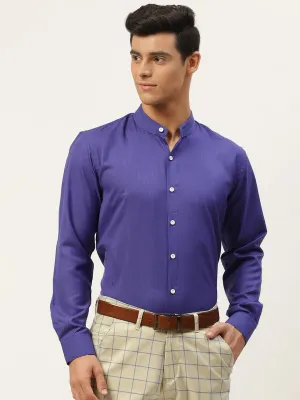Mens Cotton Linen Royal Blue Chinese Collar Shirt - Sojanya