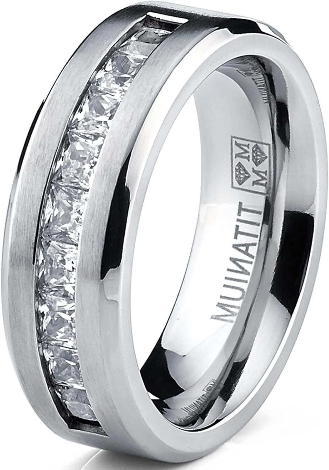 Metal Masters Titanium Men's Wedding Band Engagement Ring with 9 Large Princess Cut Cubic Zirconia