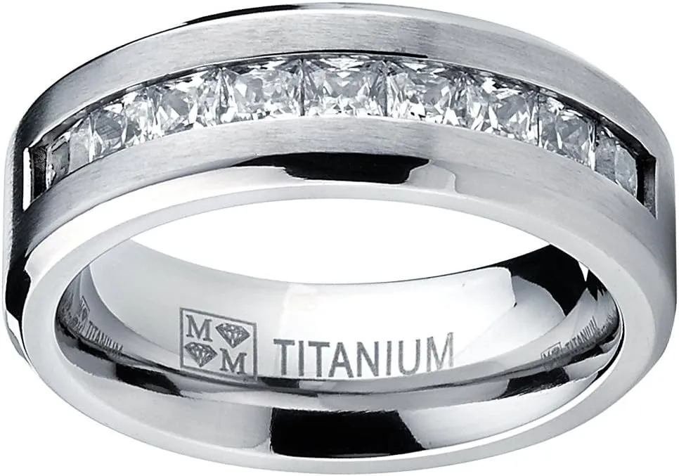 Metal Masters Titanium Men's Wedding Band Engagement Ring with 9 Large Princess Cut Cubic Zirconia