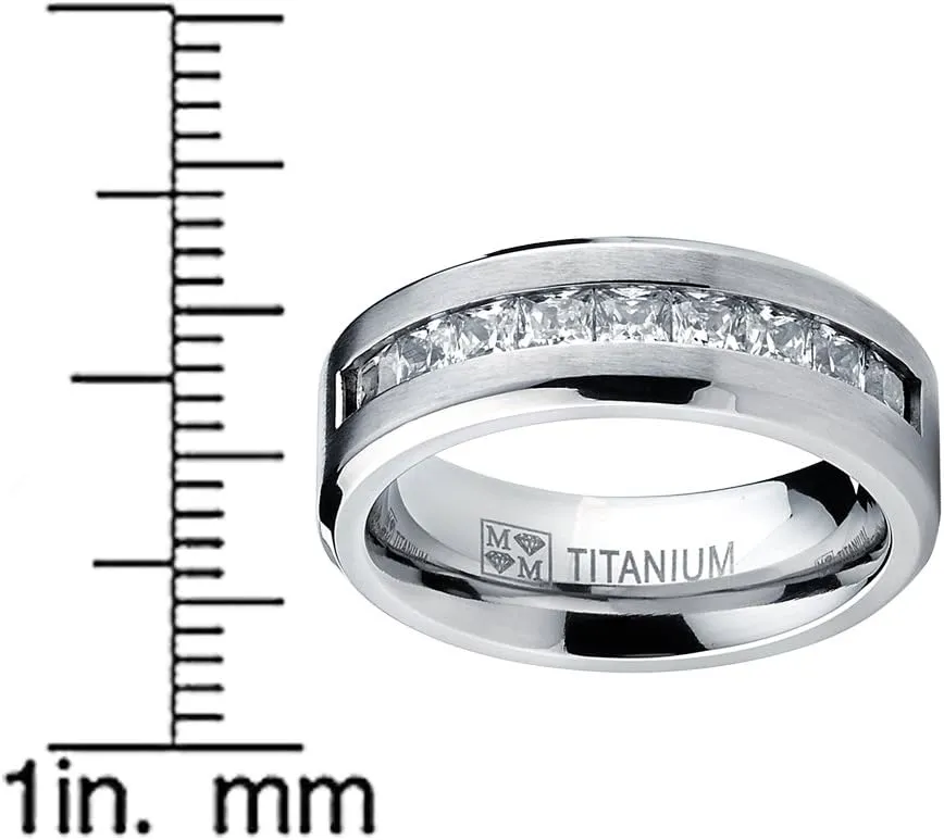 Metal Masters Titanium Men's Wedding Band Engagement Ring with 9 Large Princess Cut Cubic Zirconia