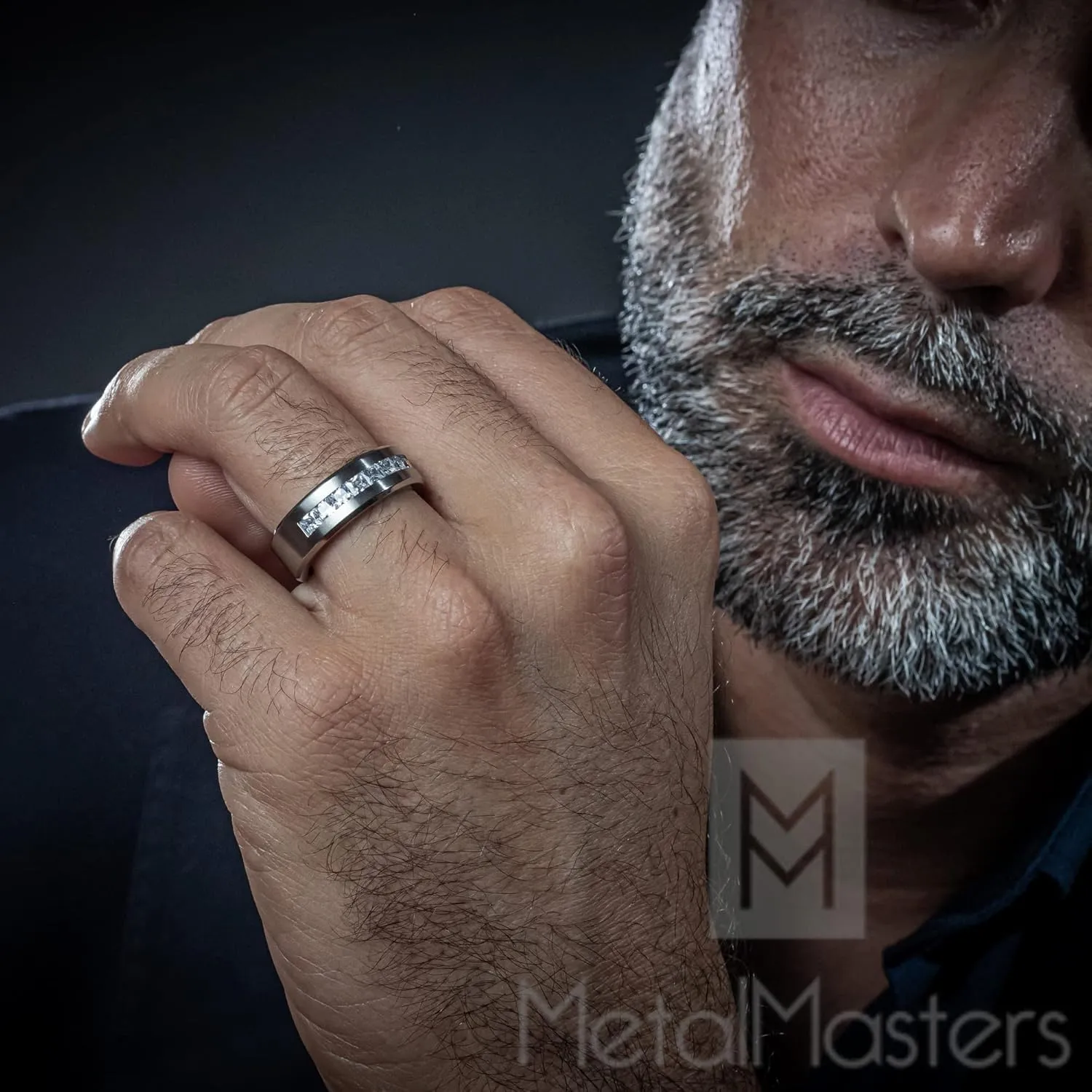 Metal Masters Titanium Men's Wedding Band Engagement Ring with 9 Large Princess Cut Cubic Zirconia