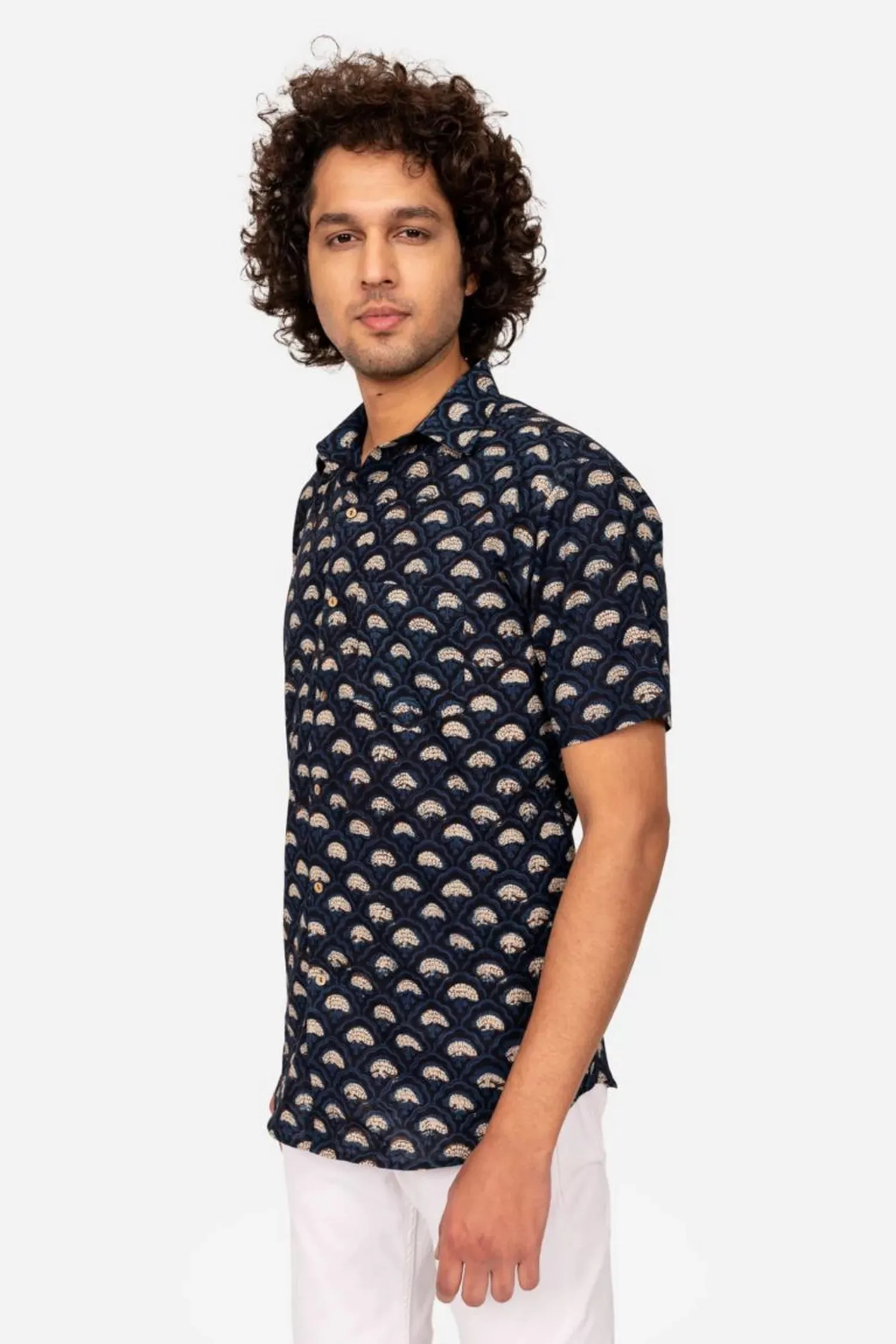 NAVY BAGRU BLOCK PRINTED COTTON SHIRT