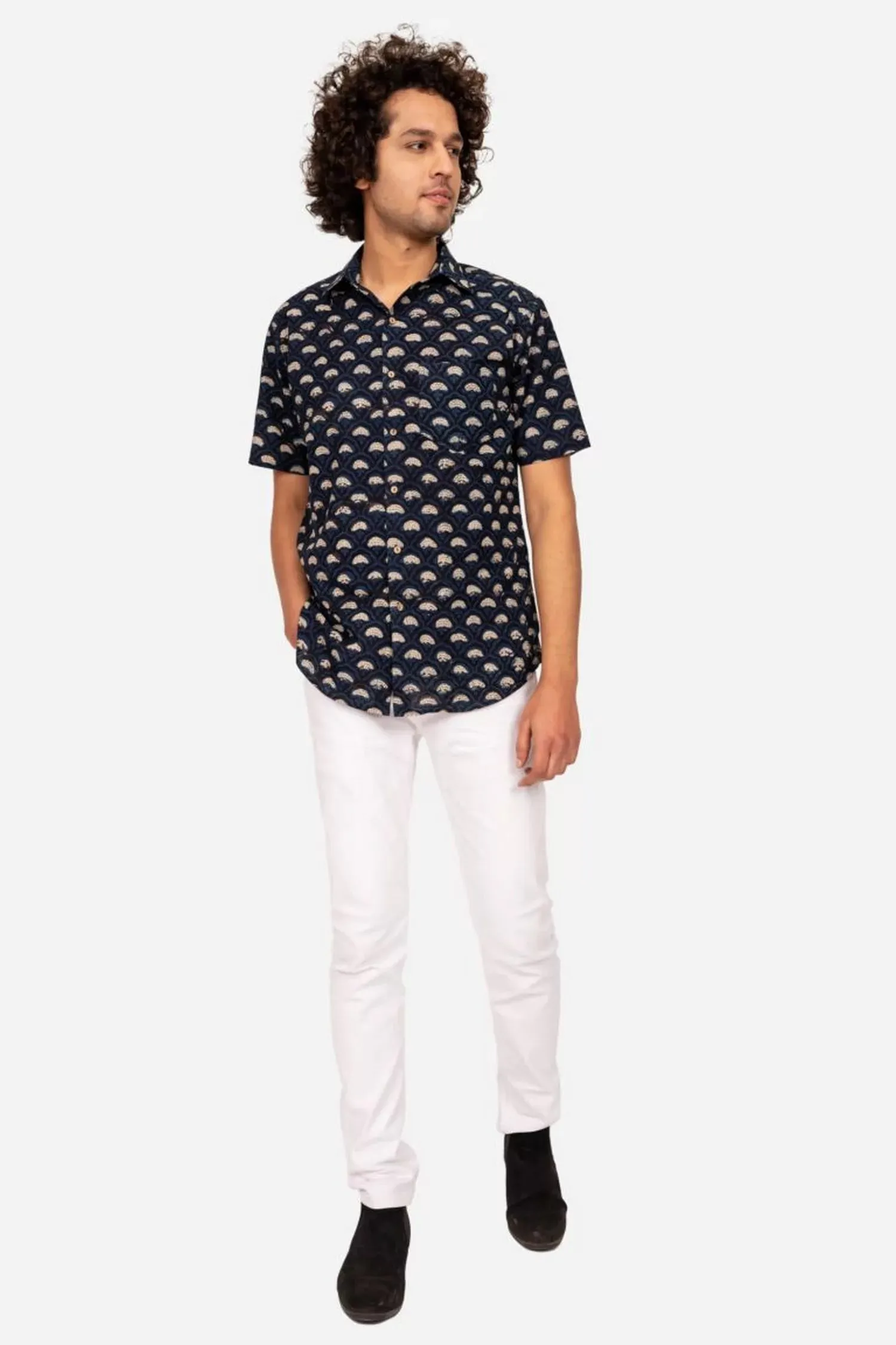 NAVY BAGRU BLOCK PRINTED COTTON SHIRT