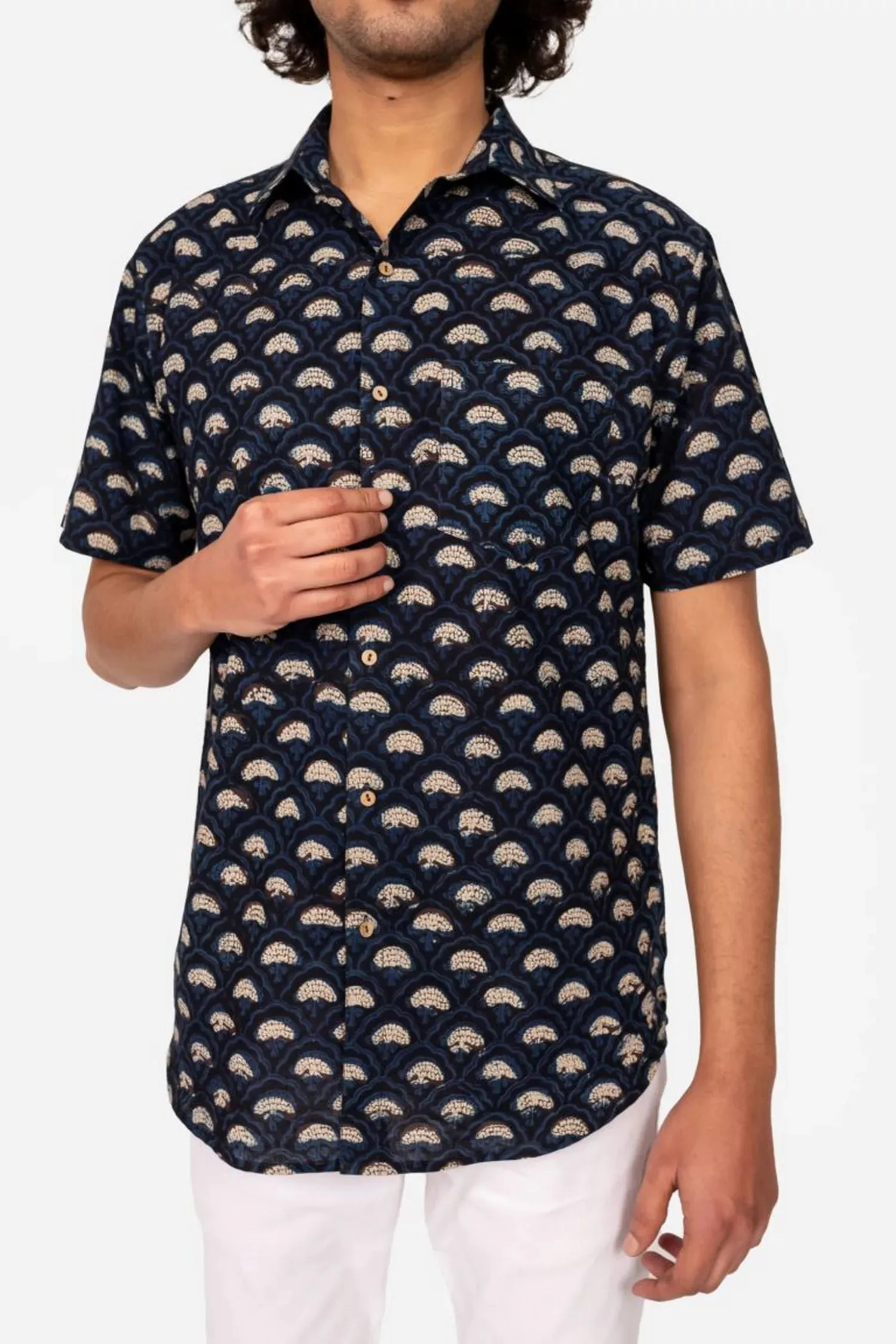 NAVY BAGRU BLOCK PRINTED COTTON SHIRT