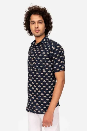 NAVY BAGRU BLOCK PRINTED COTTON SHIRT