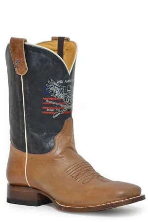 Roper Footwear Men's Waxy Burnished Tan Broad Square Toe Boots with Blue 2nd Admendment Embroidered Tops