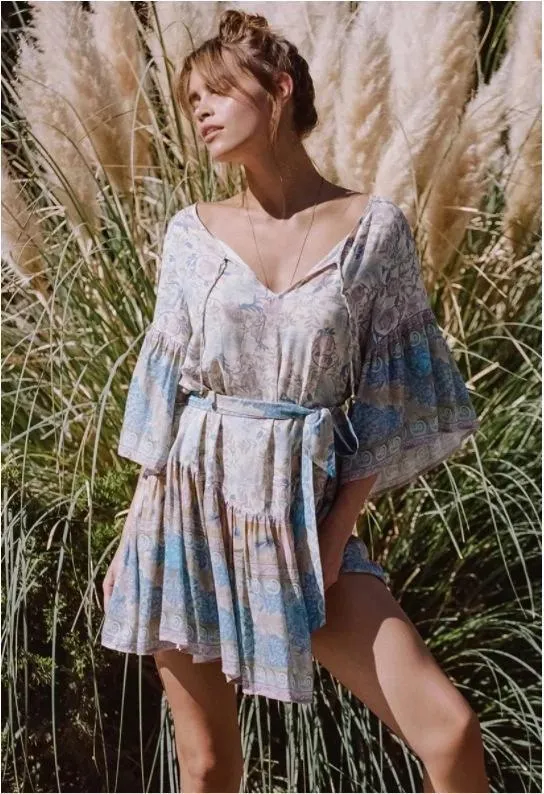 Round Neck Bell Tie Lace Bohemian Print Mini Dress
