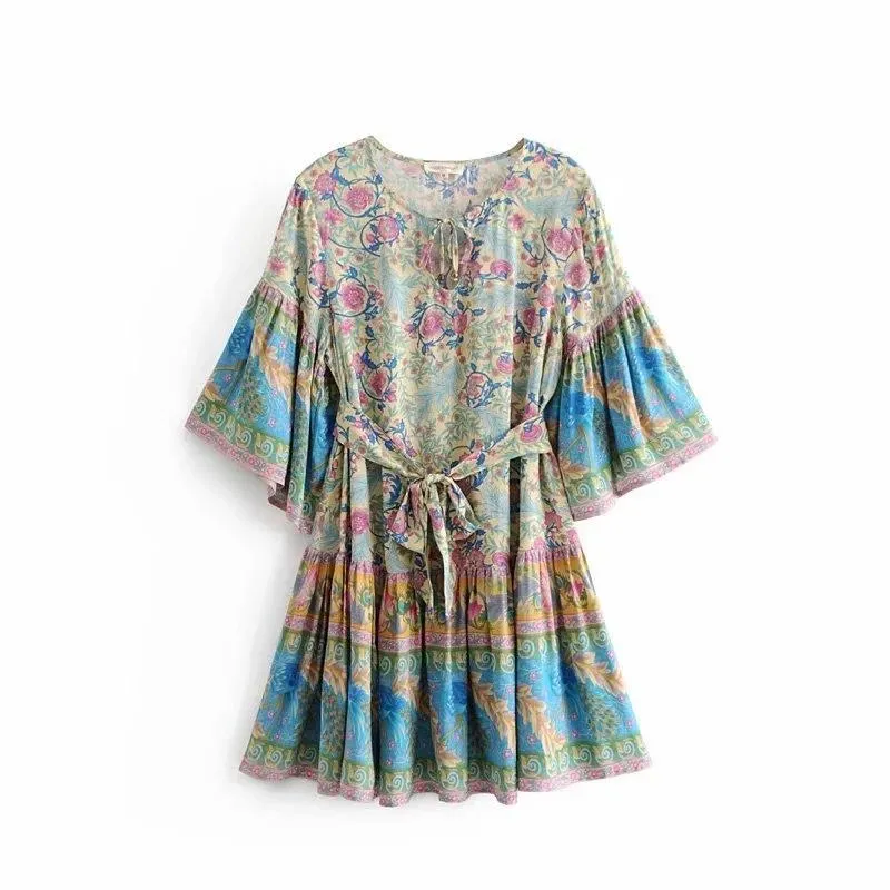 Round Neck Bell Tie Lace Bohemian Print Mini Dress