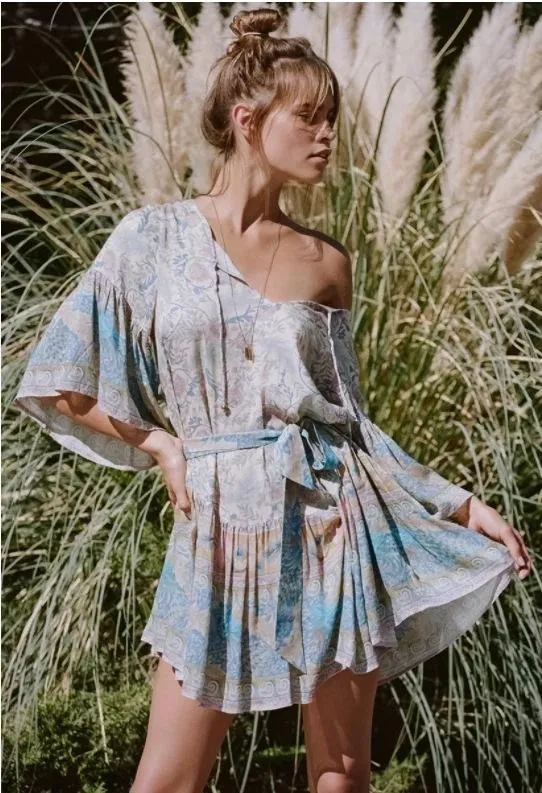 Round Neck Bell Tie Lace Bohemian Print Mini Dress