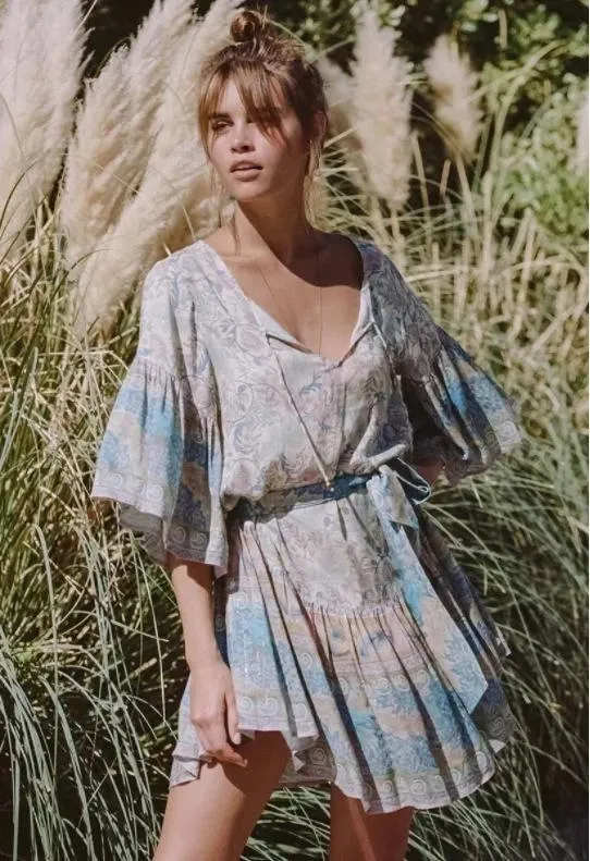 Round Neck Bell Tie Lace Bohemian Print Mini Dress