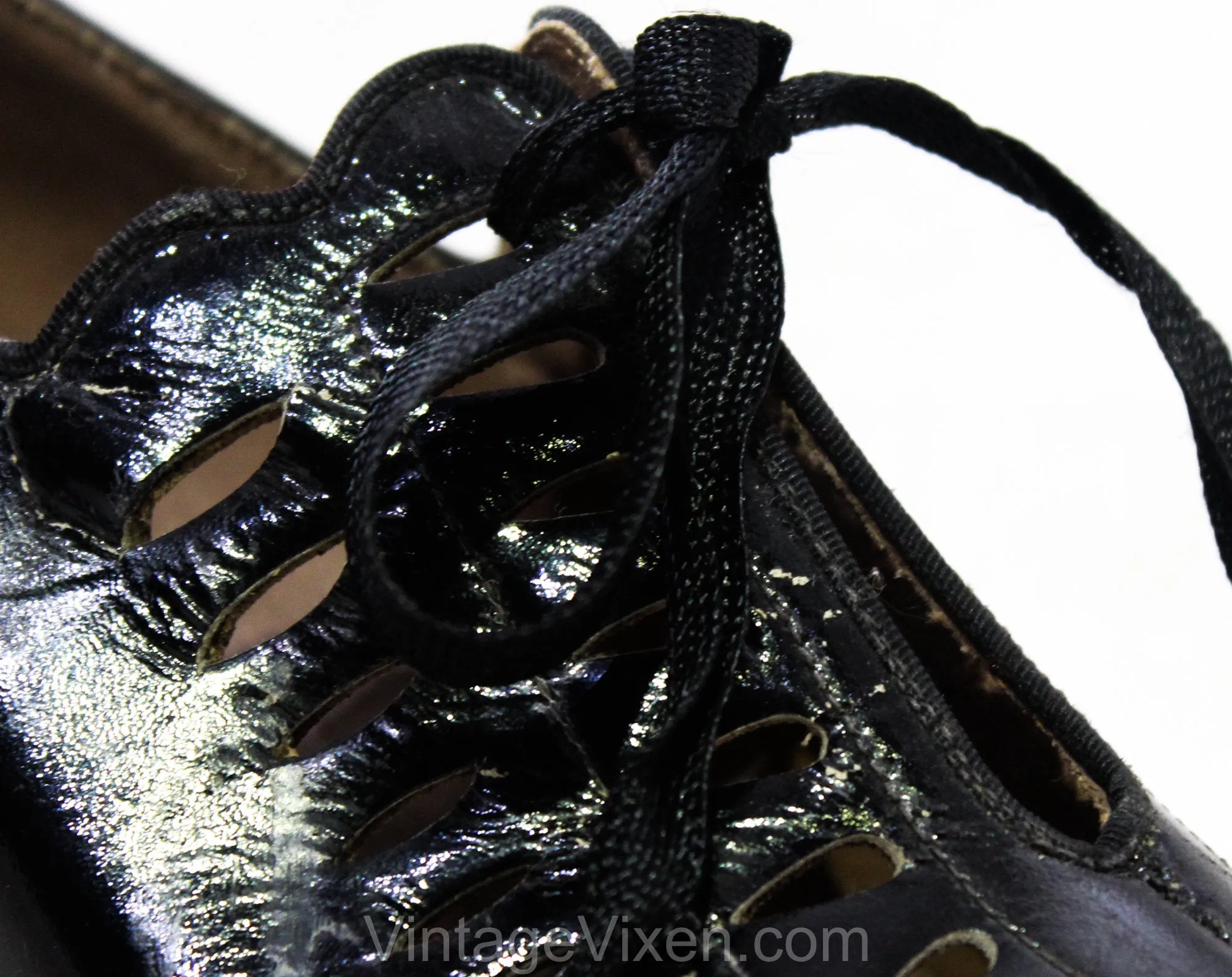 Size 6 Flapper Shoe - 1920s Black Glossy Leather Pumps with Cutwork - Teardrop Cutout Oxfords - Authentic 20s 30s Unworn NOS Deadstock