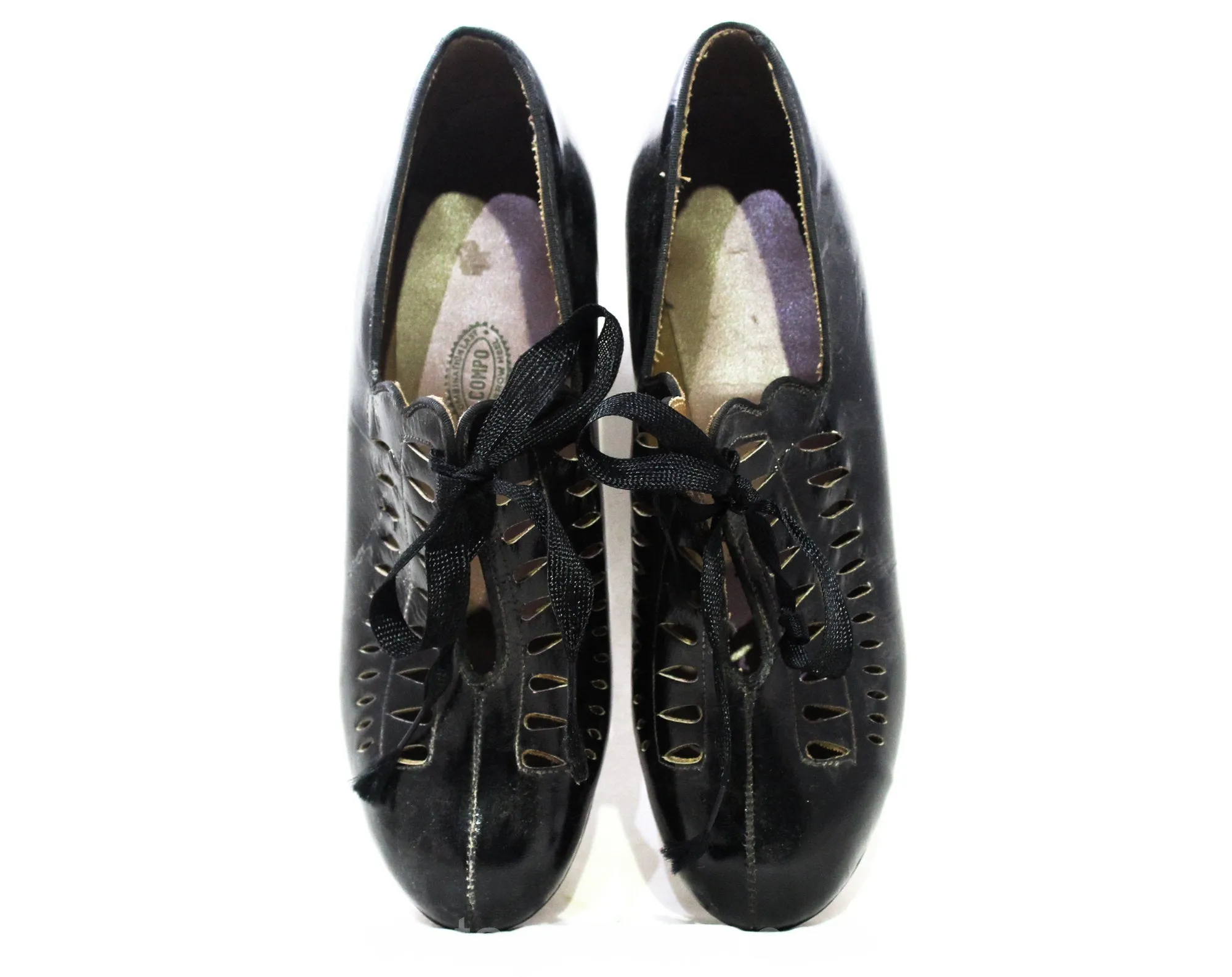 Size 6 Flapper Shoe - 1920s Black Glossy Leather Pumps with Cutwork - Teardrop Cutout Oxfords - Authentic 20s 30s Unworn NOS Deadstock