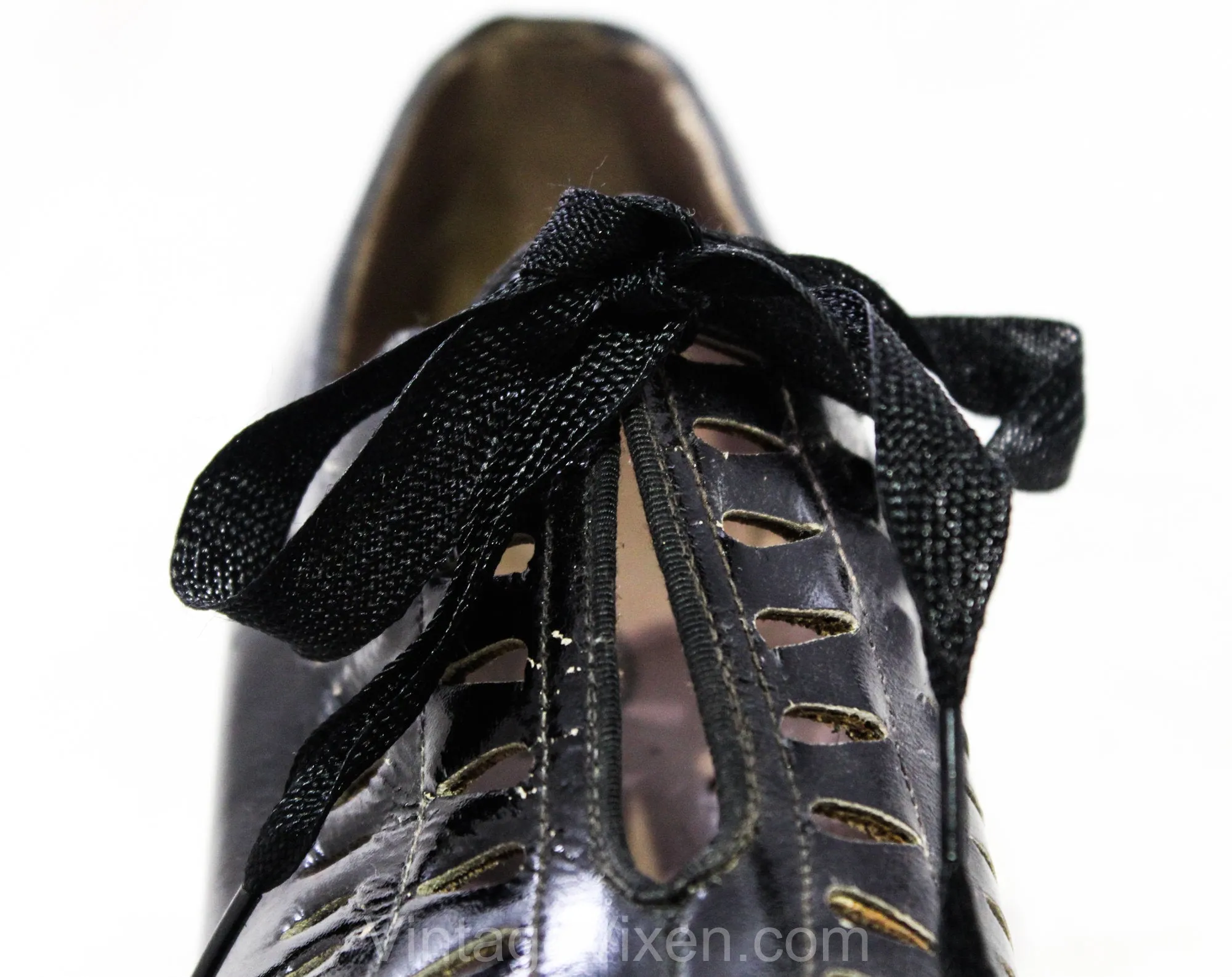 Size 6 Flapper Shoe - 1920s Black Glossy Leather Pumps with Cutwork - Teardrop Cutout Oxfords - Authentic 20s 30s Unworn NOS Deadstock