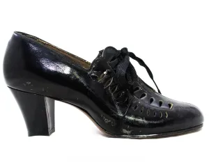 Size 6 Flapper Shoe - 1920s Black Glossy Leather Pumps with Cutwork - Teardrop Cutout Oxfords - Authentic 20s 30s Unworn NOS Deadstock